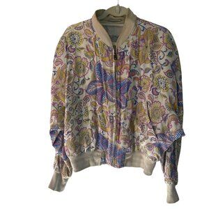 Bogner Vintage Womens Bomber Jacket Size 12 Silk Viscose Blend Floral 90s Beige